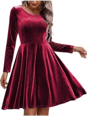 Red Velvet Velour Long Sleeve Fit & Flare Dress Size S Christmas Holiday Party